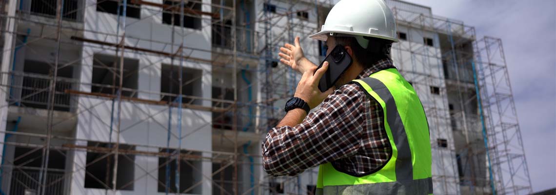 Construction worker talking on the phone and pointing  at the construction site