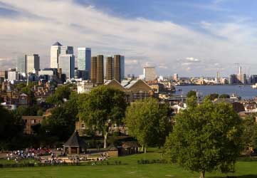 Greenwich Park in London with view over Canary Wharf, Millennium Dome and City