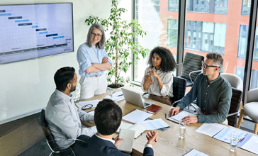 Senior female ceo and multicultural business people discussing company presentation