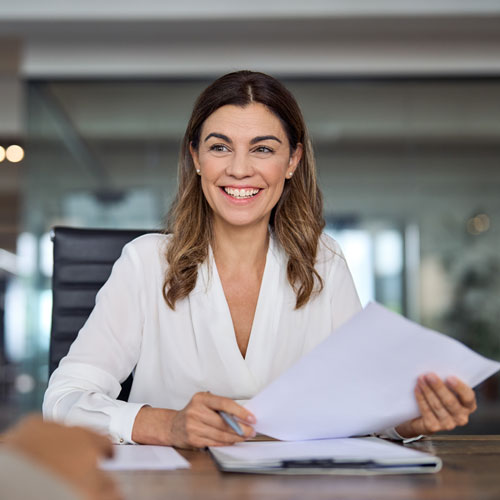 Smiling business woman, HR holding cv