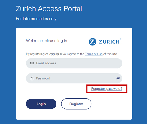 Forgotten password link on the Zurich Access Portal log in page