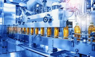 Industrial Interior in blue colour, food and drink production line process