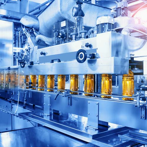 Industrial Interior in blue colour, food and drink production line process.