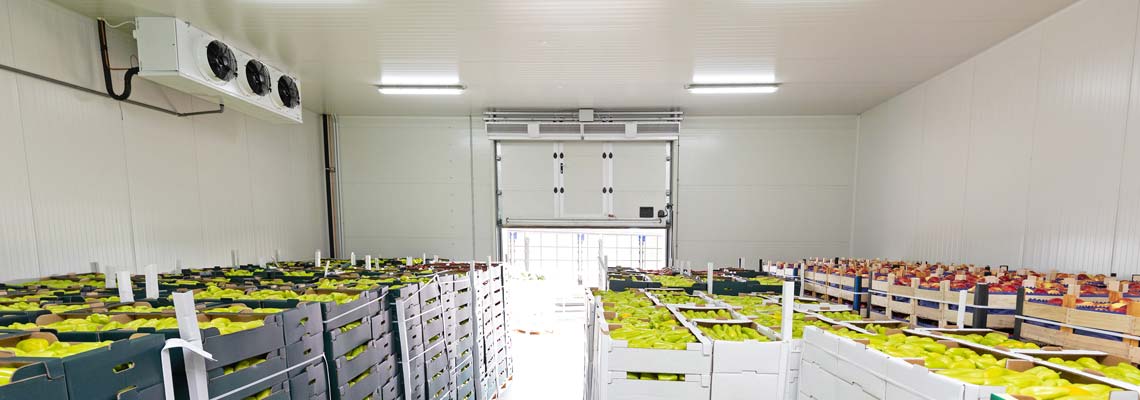 Peppers and apples in crates storage warehouse