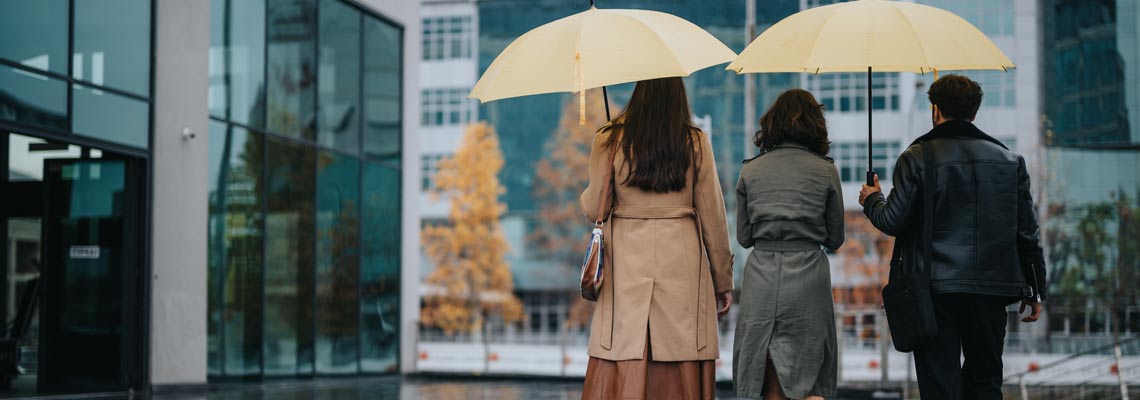 Back view of a group of colleagues walking under yellow umbrellas on rainy day