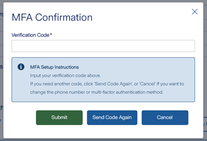 MFA confirmation message with verification code: Input your verification code above. If you need another code, click Send code again or Cancel