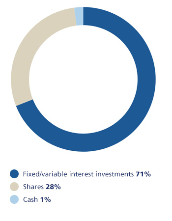 Fixed/variable interest investments 71%, Shares 28%, Cash 1%