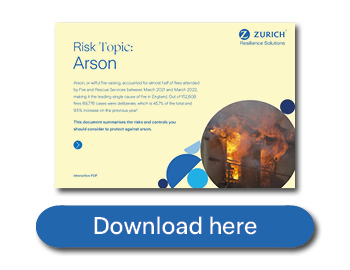 front cover of arson risk topic with a blue button to download now