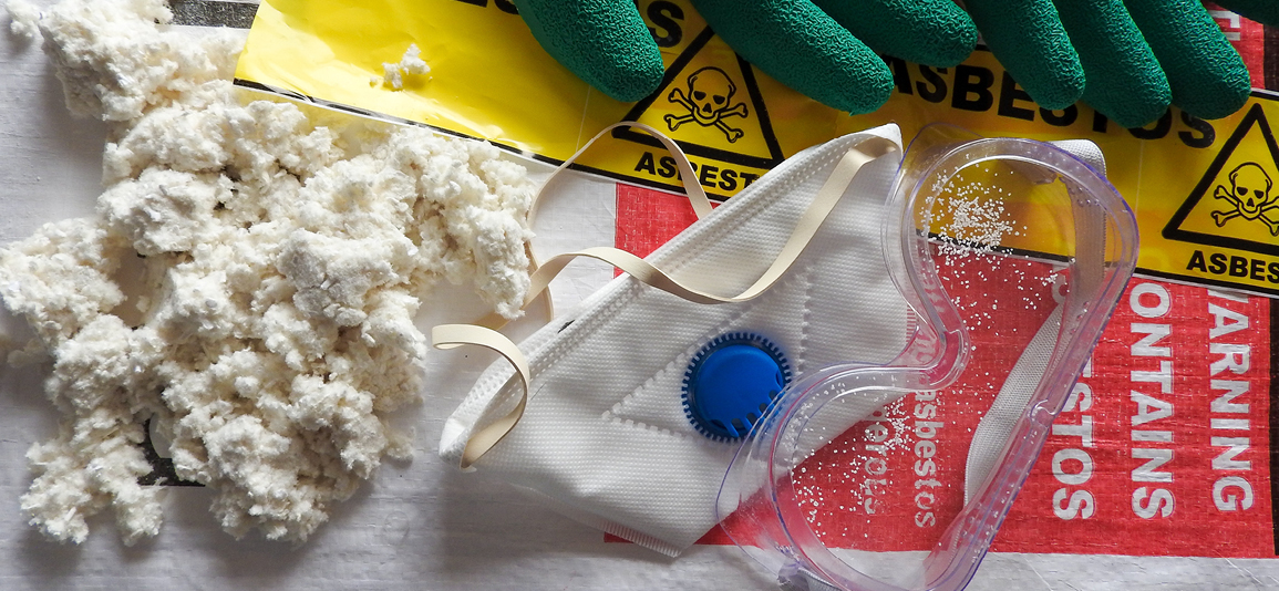 Close up asbestos, fibers, mask, filter, gloves and goggles