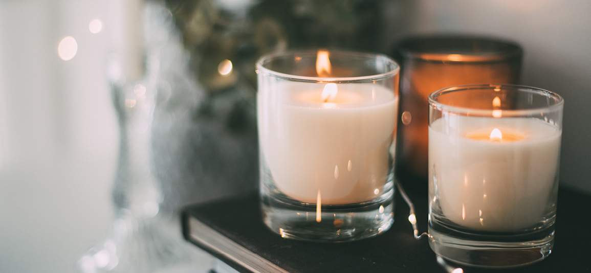 Cozy home interior decor, burning candles
