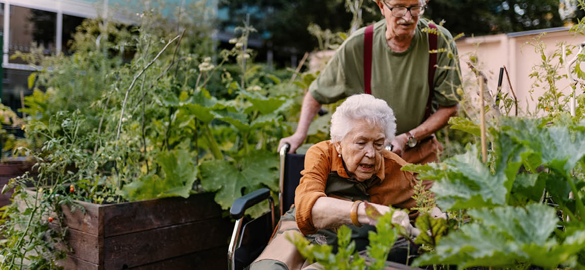 2 people volunteering in a community garden