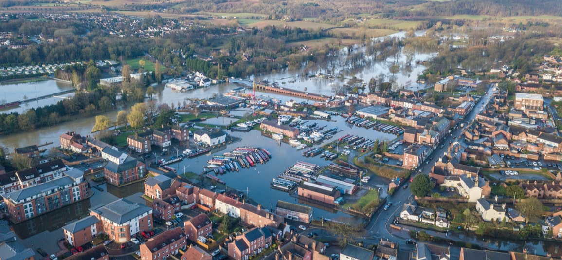 Aerial image of flooded UK town