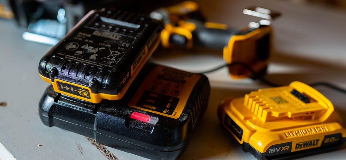 lithium battery packs for power tools left on table 