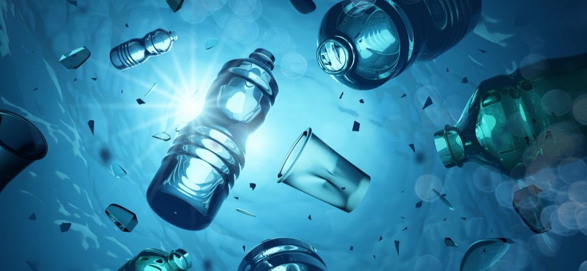 plastic bottles and microplastics floating in the open ocean