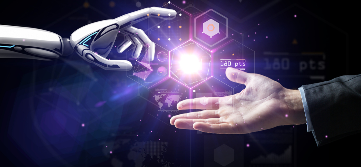 robot and human hand reaching out displaying automation