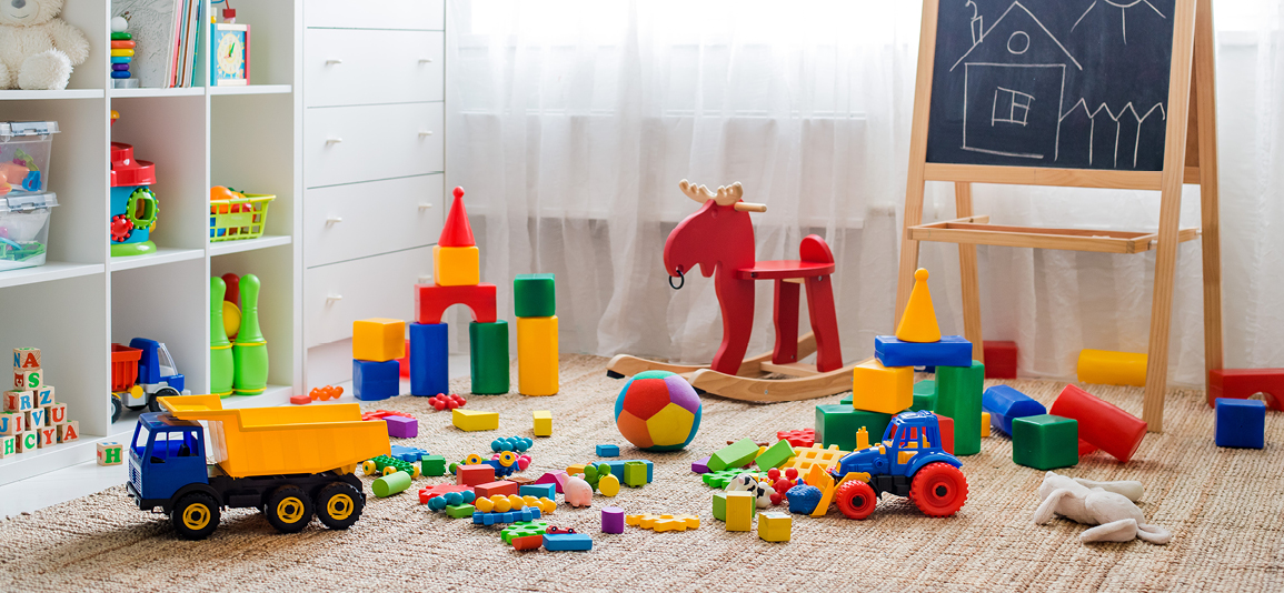 Children's playroom with plastic colorful educational blocks toys