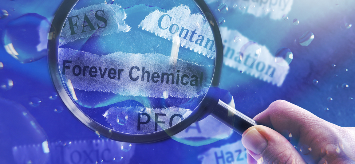 PFAS Forever Chemicals water and newspaper headlines with magnifying glass
