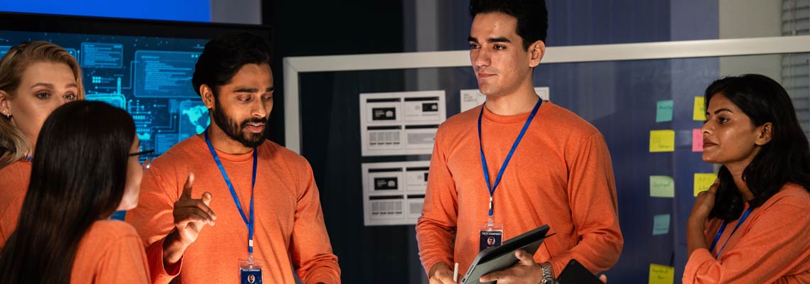 cybersecurity team reviewing data on a global threat map