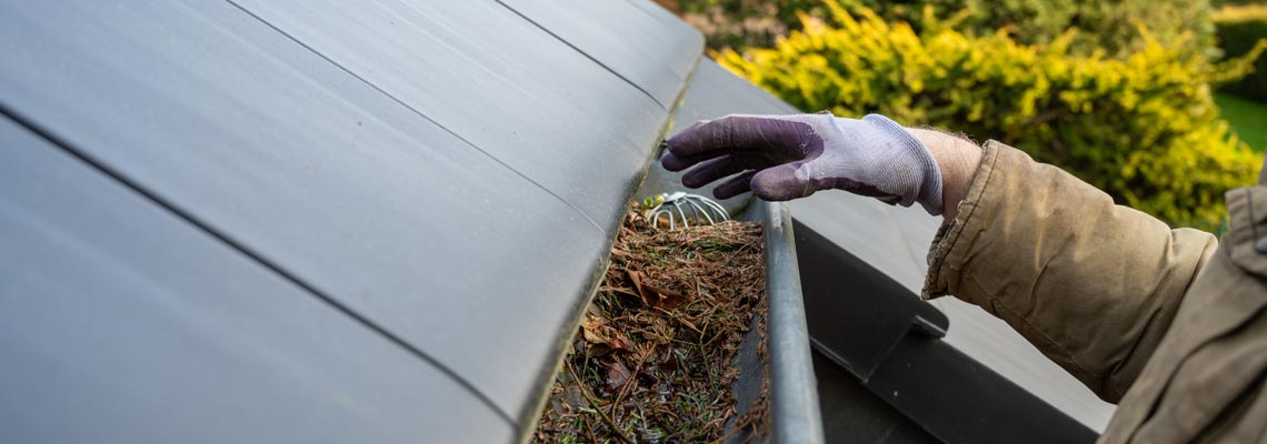 Man cleaning the blocked rain gutter