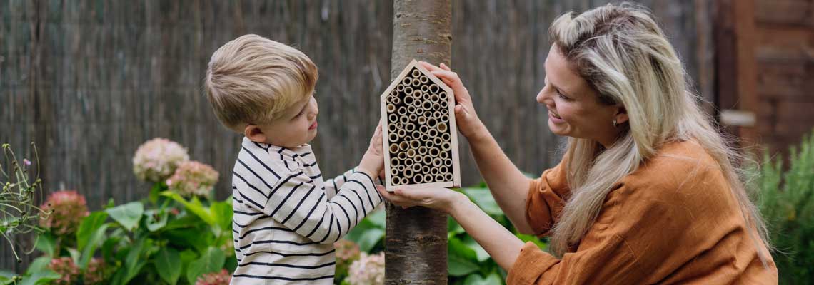 Boy learning about insects, garden ecosystem and biodiversity