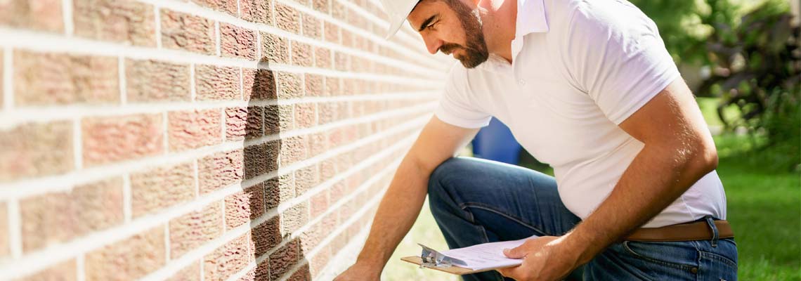 A man with a white hard hat inspecting house