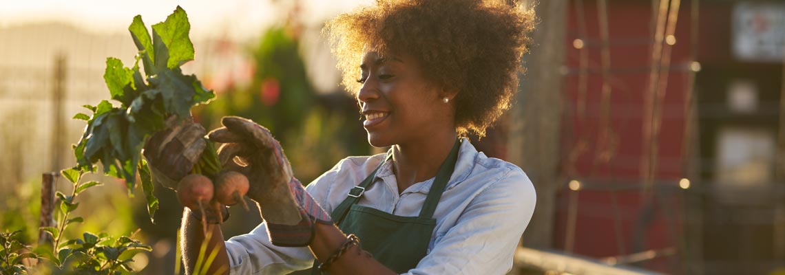 young woman inspecting beets just pulled from the dirt in community garden