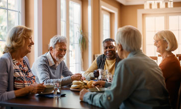 Group of senior people enjoying in conversation during lunch